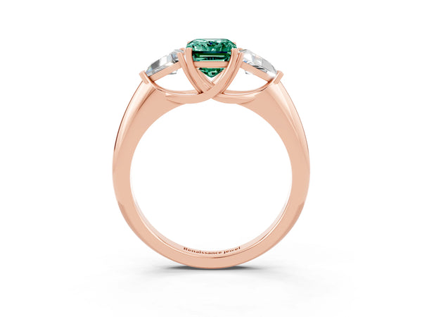 Rose gold Three-Stone Emerald Cut Green Sapphire Engagement Ring with Trillion Side Stones and Prong Setting