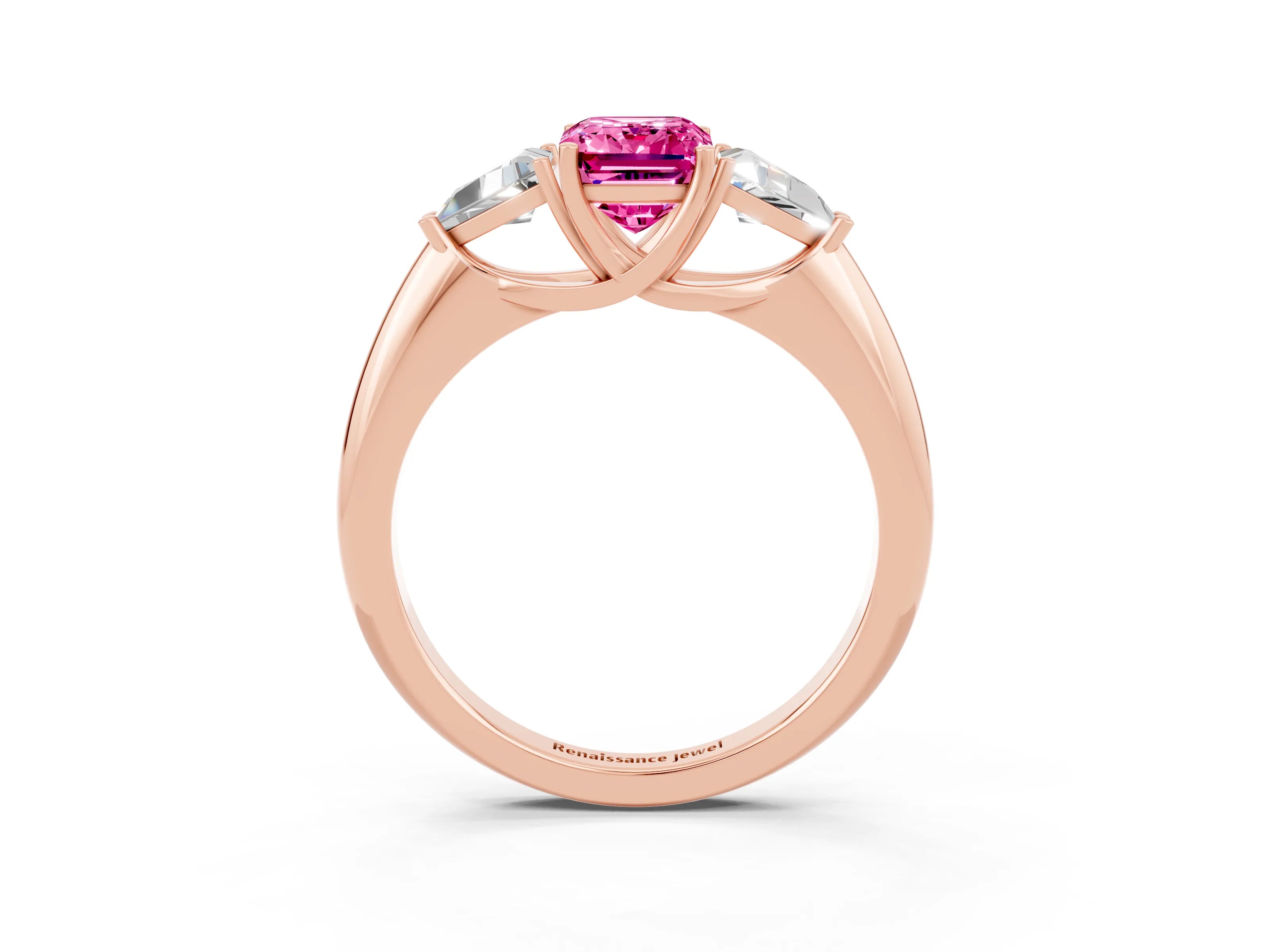 Rose gold Three-Stone Emerald Cut Cut Diamond Ring with Trillion Side Stones and Four-Prong Setting_3