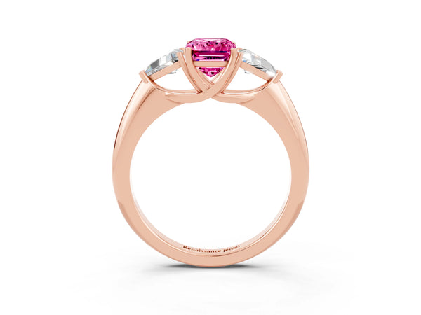 Rose gold Three-Stone Emerald Cut Pink Sapphire Engagement Ring with Trillion Side Stones and Prong Setting