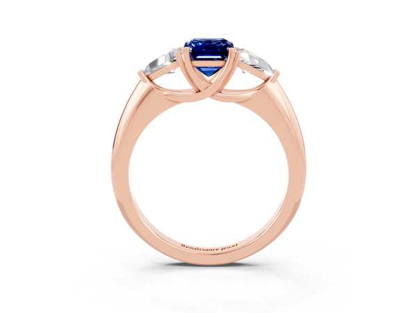 Rose gold Three-Stone Emerald Cut Blue Sapphire Engagement Ring with Trillion Side Stones and Prong Setting