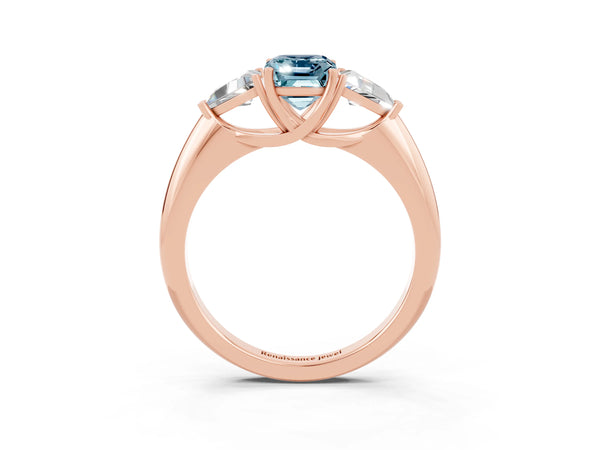 Rose gold Three-Stone Emerald Cut Aquamarine Engagement Ring with Trillion Side Stones and Prong Setting