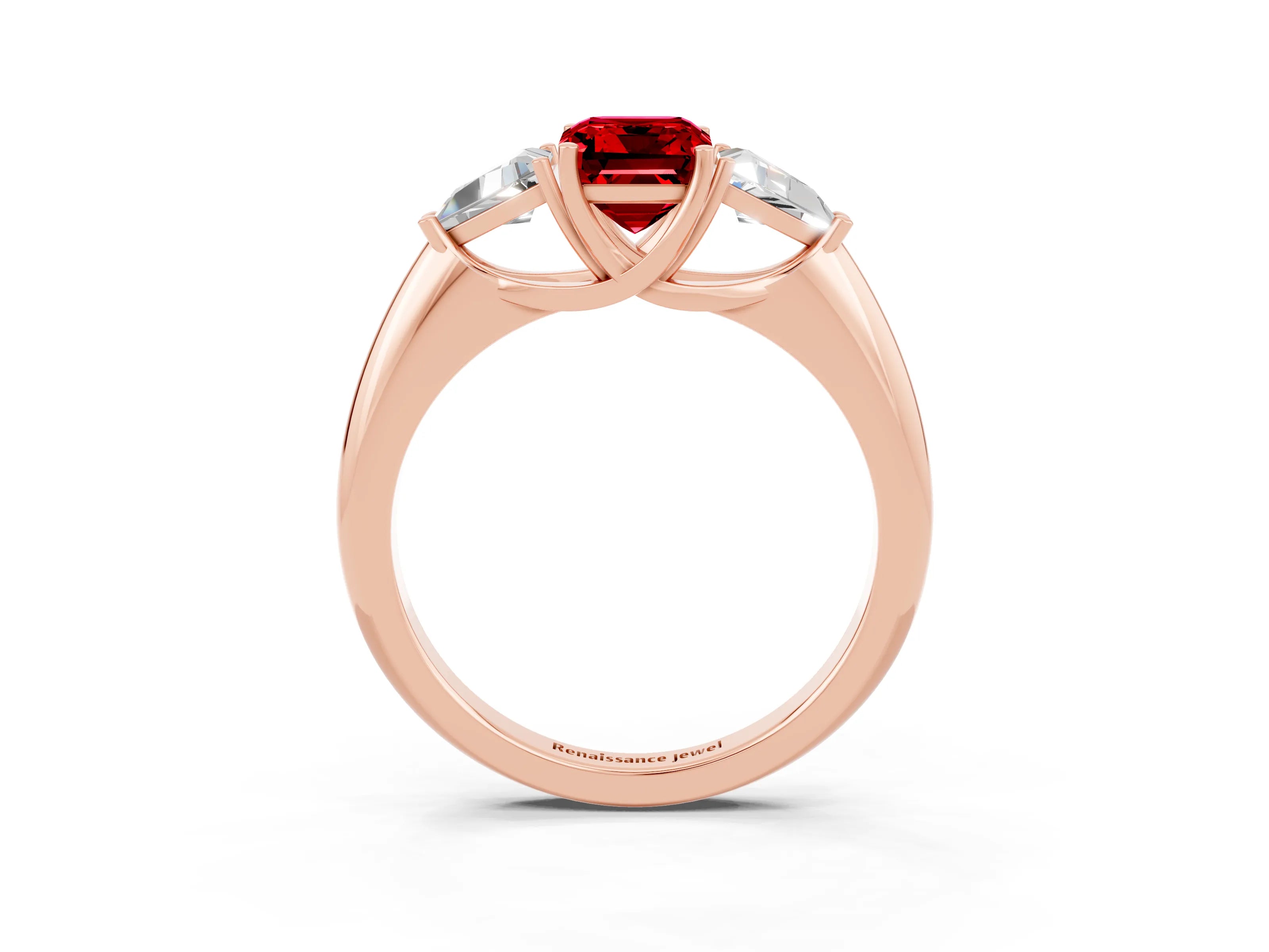 Rose gold Three-Stone Emerald Cut Cut Diamond Ring with Trillion Side Stones and Four-Prong Setting_3