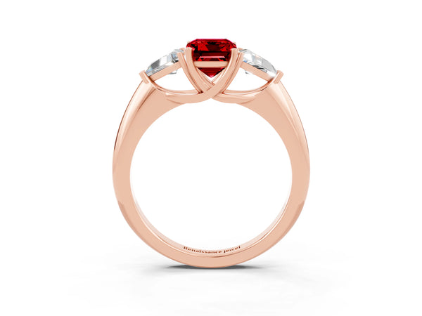 Rose gold Three-Stone Emerald Cut Cut Diamond Ring with Trillion Side Stones and Four-Prong Setting