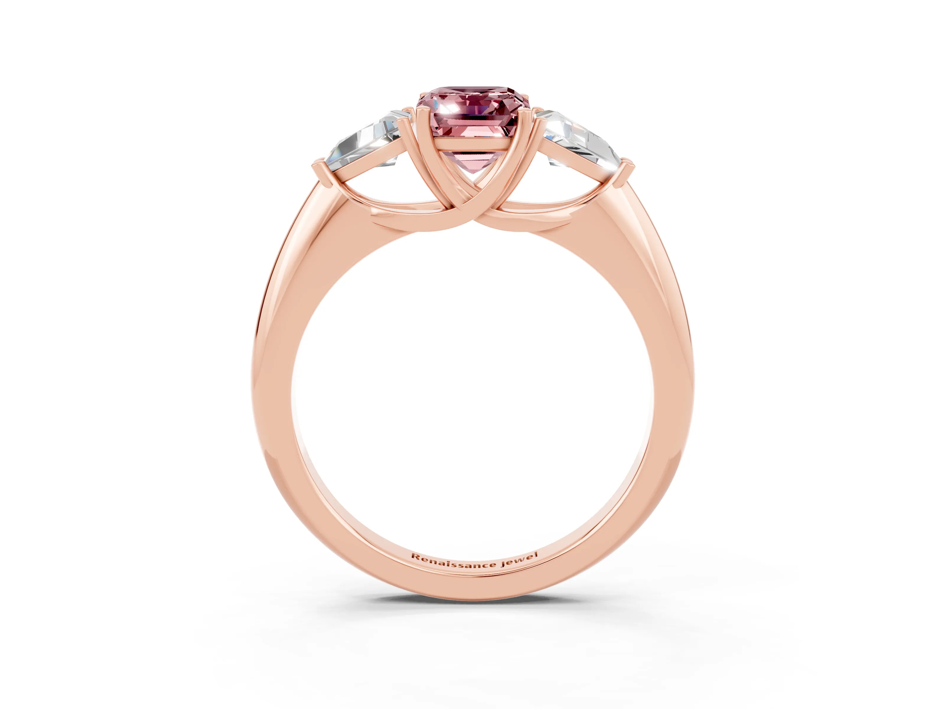 Rose gold Three-Stone Emerald Cut Cut Diamond Ring with Trillion Side Stones and Four-Prong Setting_3