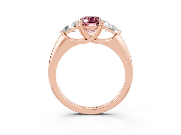 Rose gold Three-Stone Emerald Cut Cut Diamond Ring with Trillion Side Stones and Four-Prong Setting