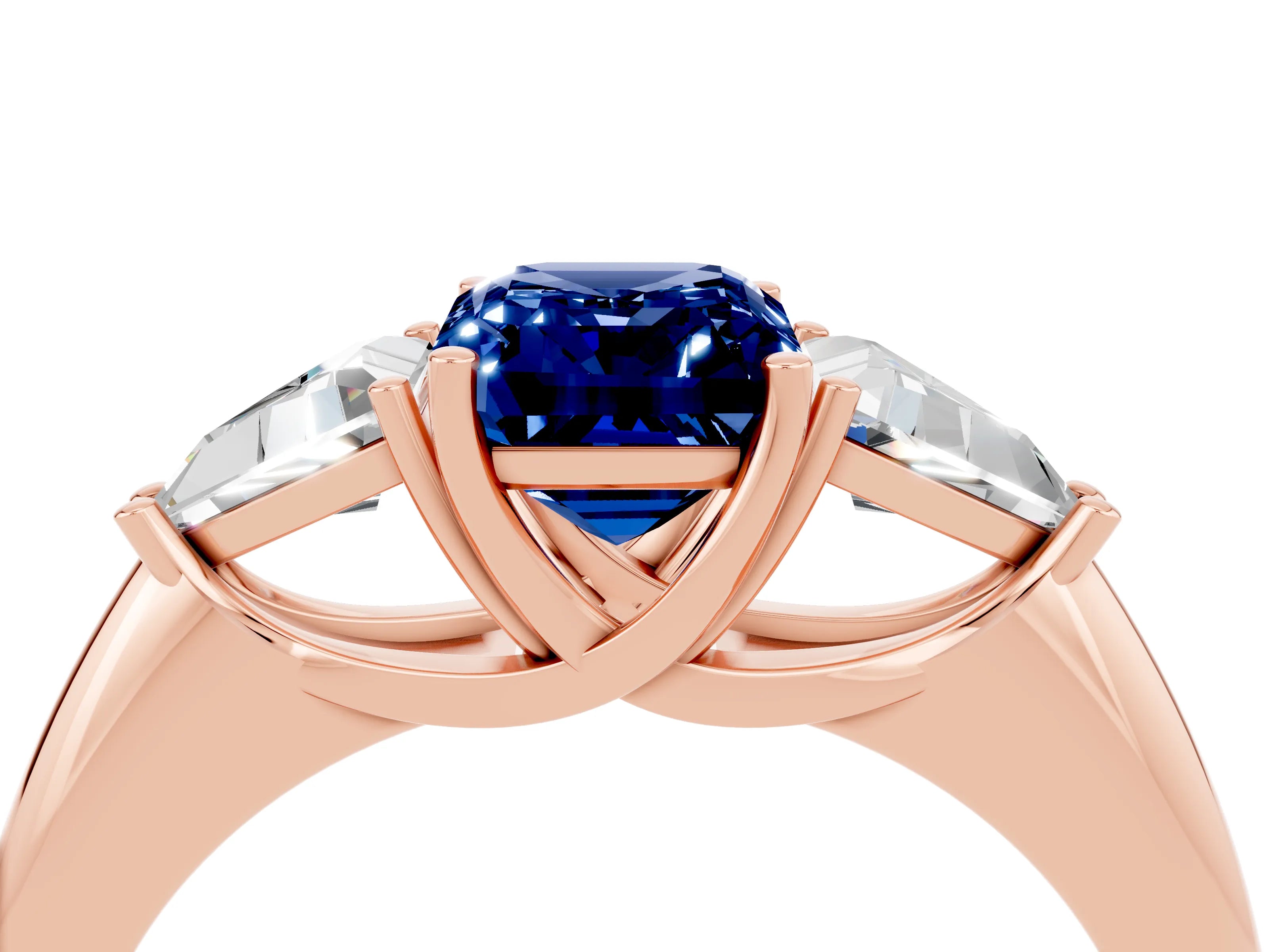 Rose gold Three-Stone Emerald Cut Cut Diamond Ring with Trillion Side Stones and Four-Prong Setting_4