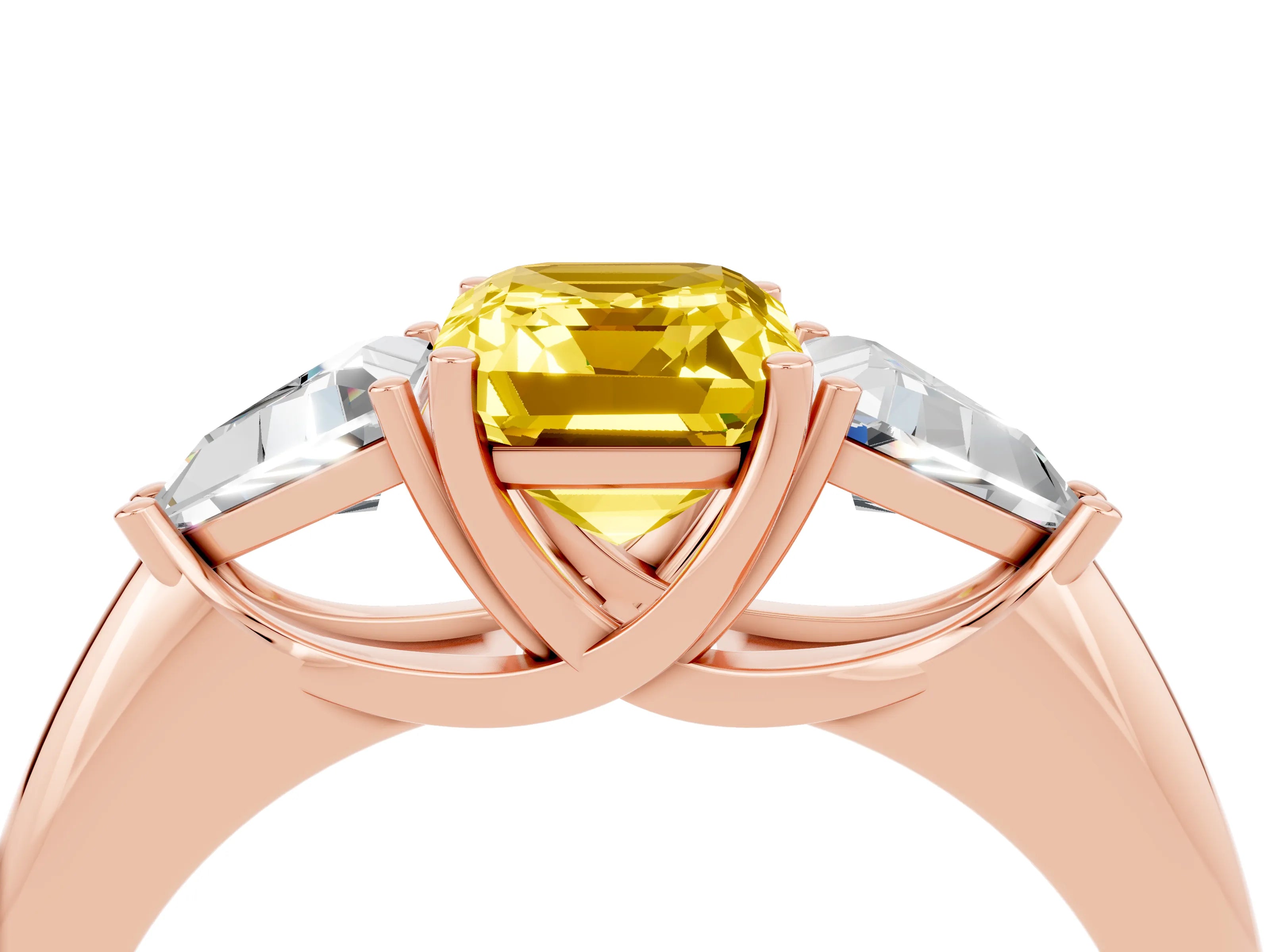 Rose gold Three-Stone Emerald Cut Cut Diamond Ring with Trillion Side Stones and Four-Prong Setting_4