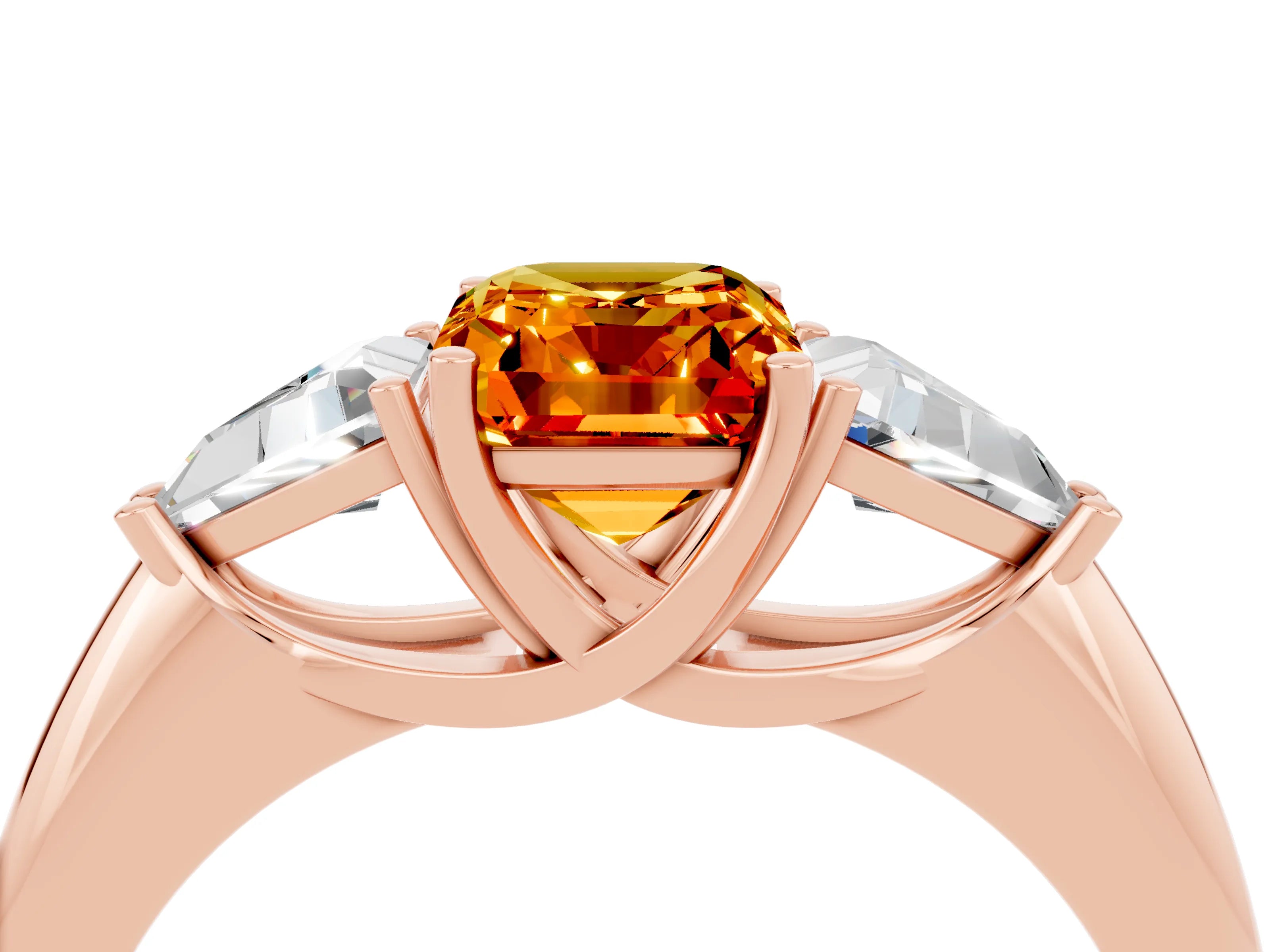 Rose gold Three-Stone Emerald Cut Cut Diamond Ring with Trillion Side Stones and Four-Prong Setting_4