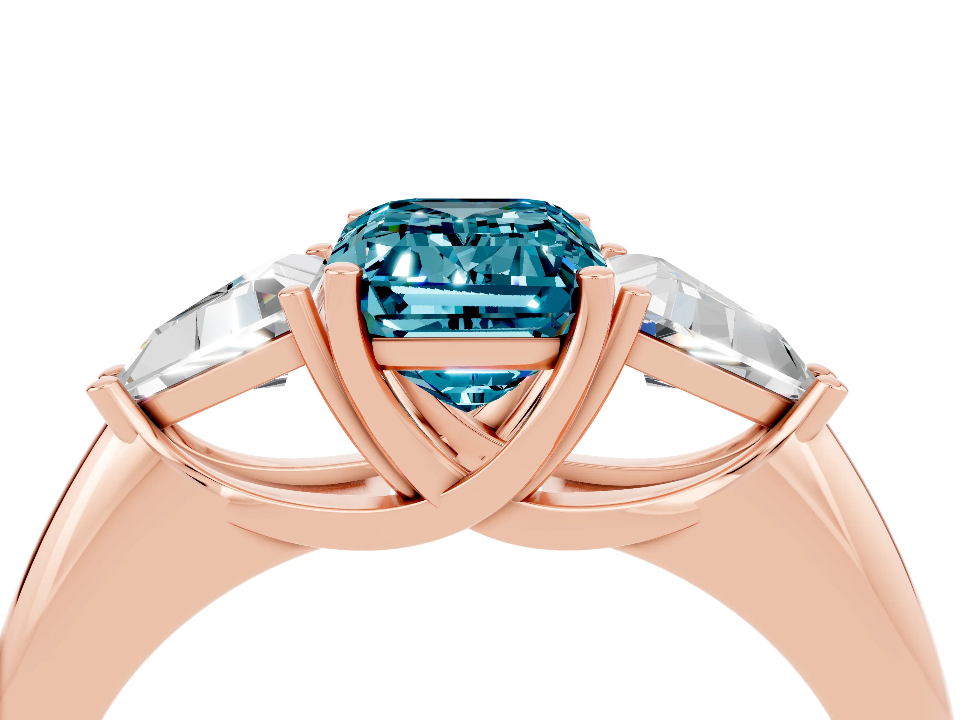 Rose gold Three-Stone Emerald Cut Cut Diamond Ring with Trillion Side Stones and Four-Prong Setting_4