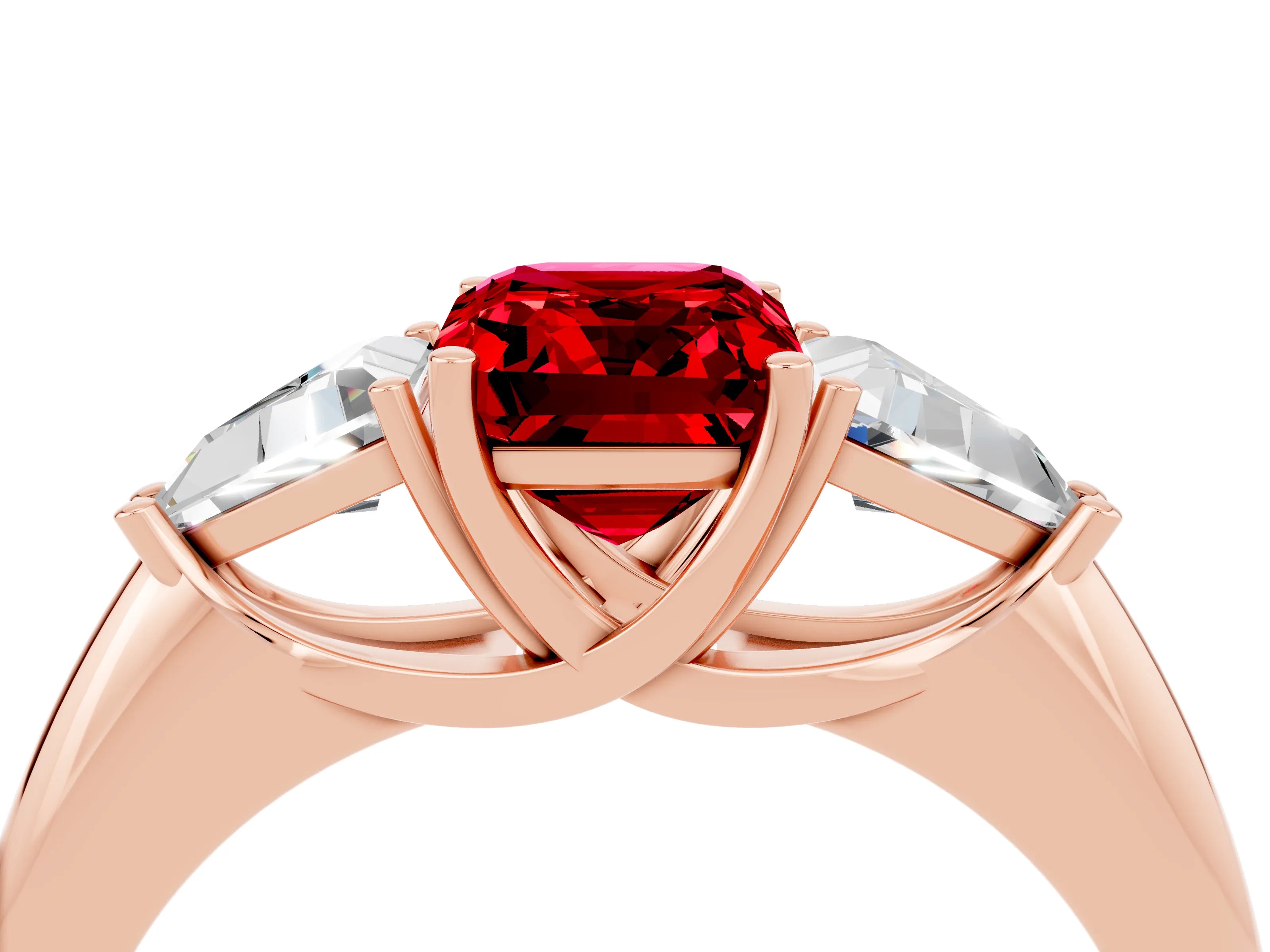 Rose gold Three-Stone Emerald Cut Cut Diamond Ring with Trillion Side Stones and Four-Prong Setting_4