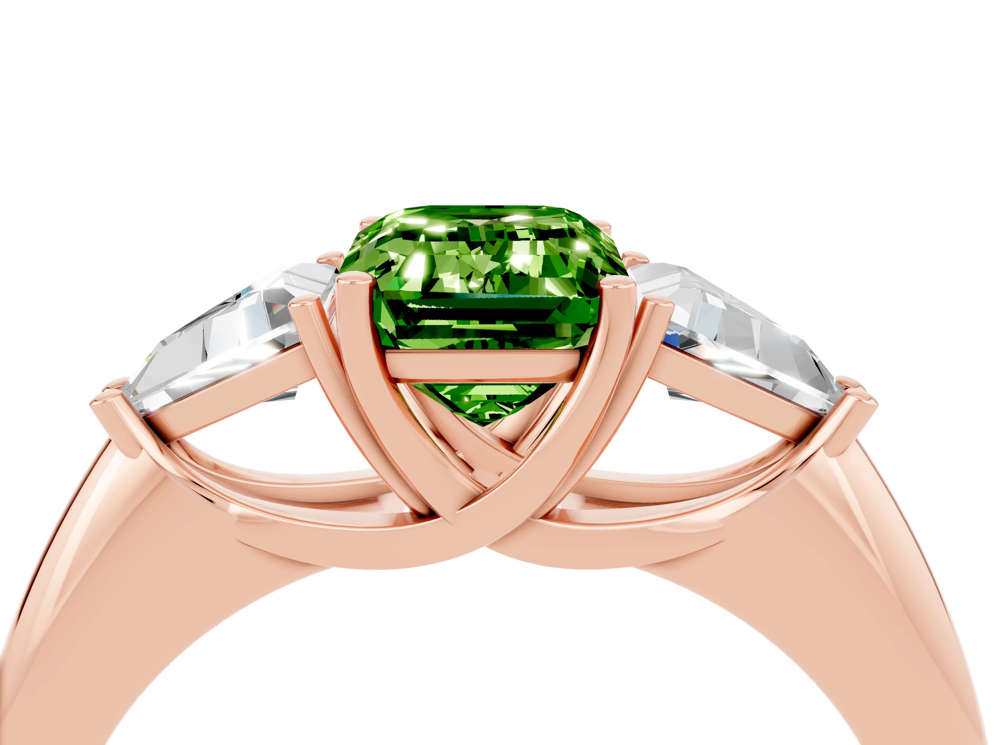 Rose gold Three-Stone Emerald Cut Cut Diamond Ring with Trillion Side Stones and Four-Prong Setting_4