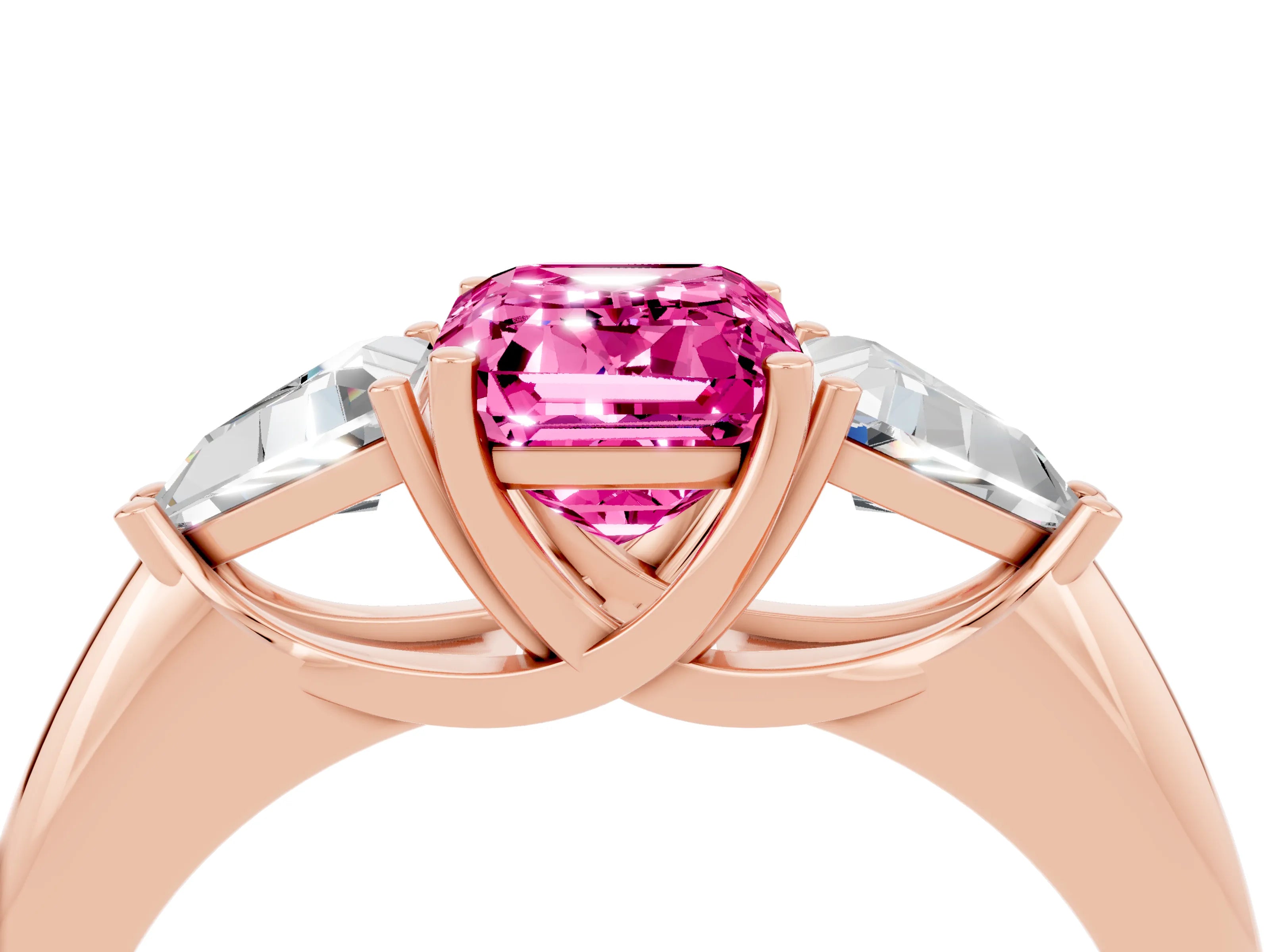 Rose gold Three-Stone Emerald Cut Cut Diamond Ring with Trillion Side Stones and Four-Prong Setting_4