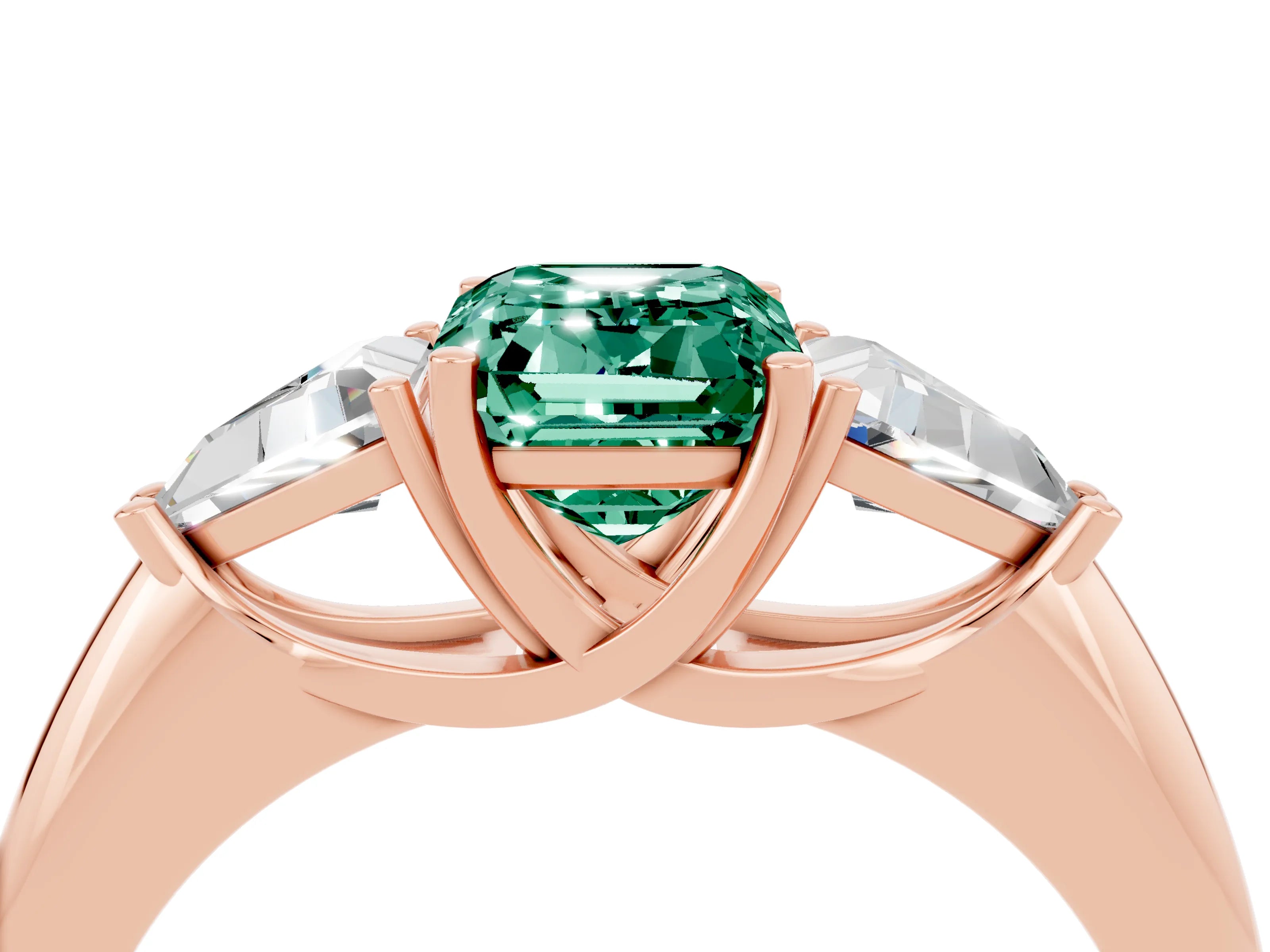 Rose gold Three-Stone Emerald Cut Cut Diamond Ring with Trillion Side Stones and Four-Prong Setting_4