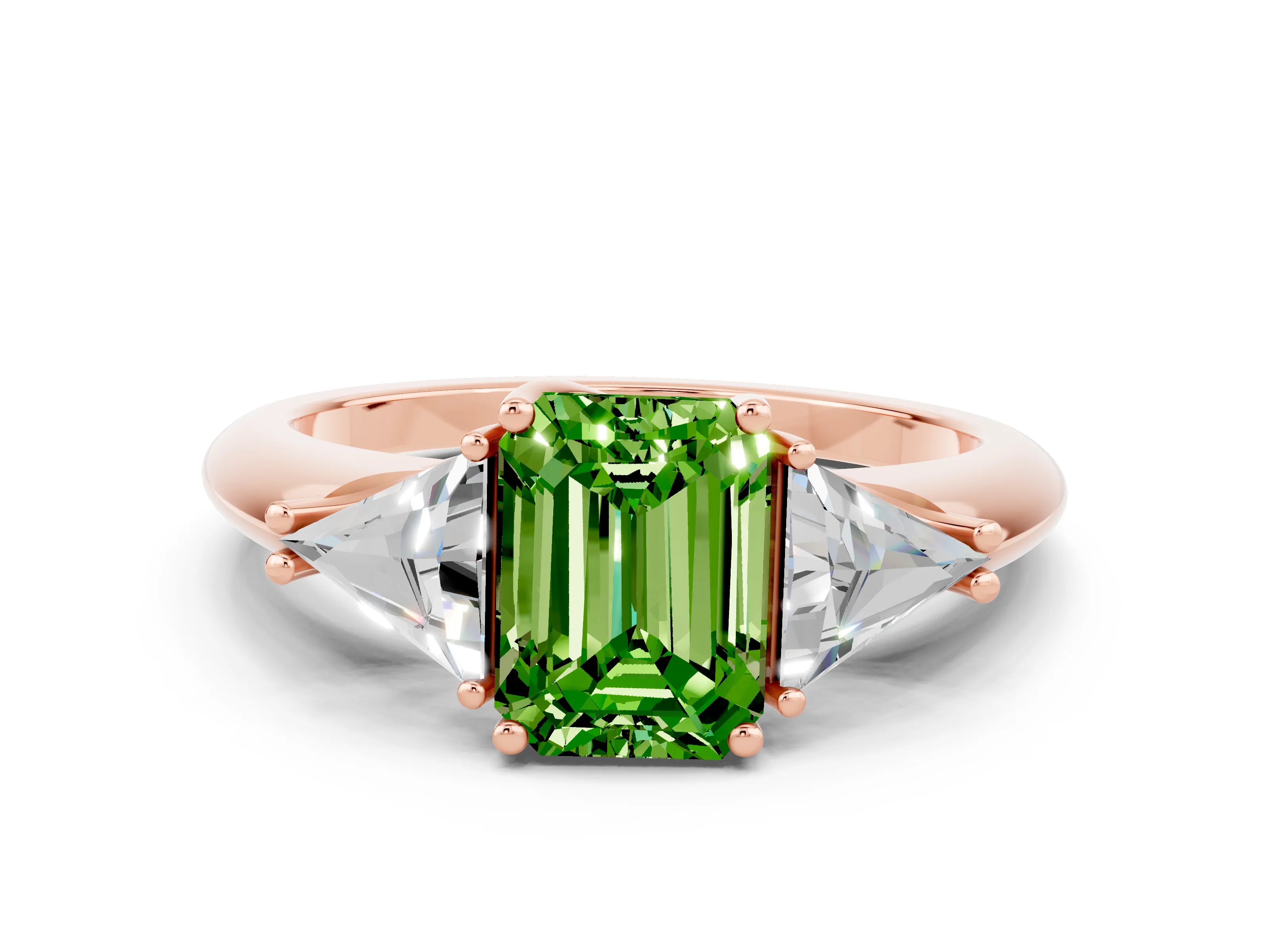 Rose gold Three-Stone Emerald Cut Cut Diamond Ring with Trillion Side Stones and Four-Prong Setting