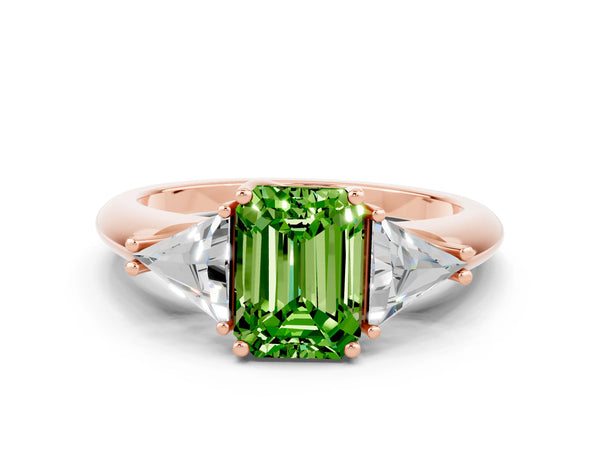 Rose gold Three-Stone Emerald Cut Cut Diamond Ring with Trillion Side Stones and Four-Prong Setting
