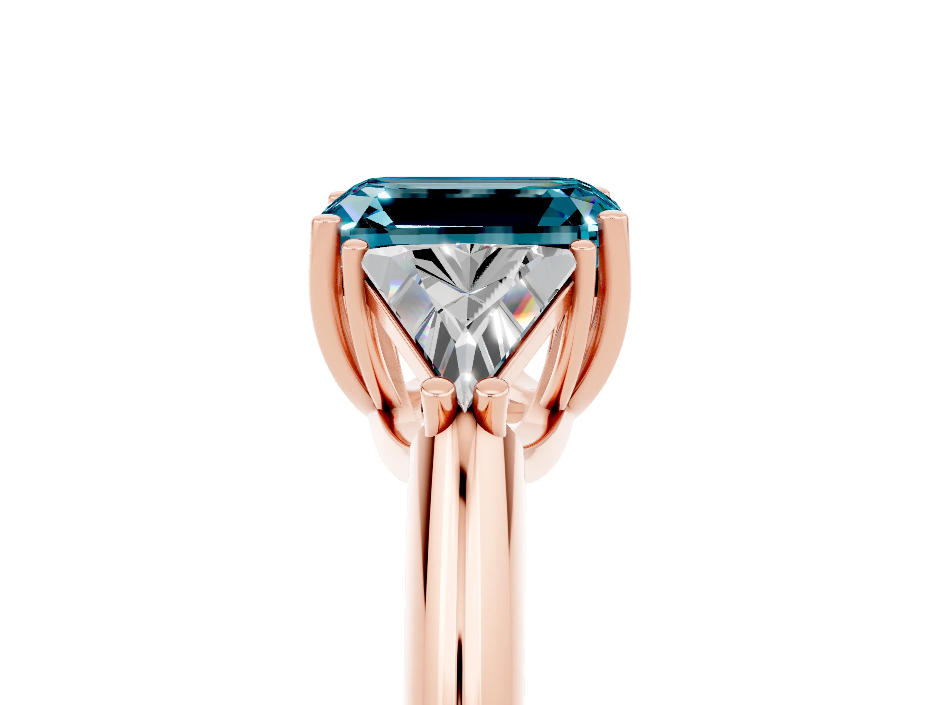 Rose gold Three-Stone Emerald Cut Cut Diamond Ring with Trillion Side Stones and Four-Prong Setting_5