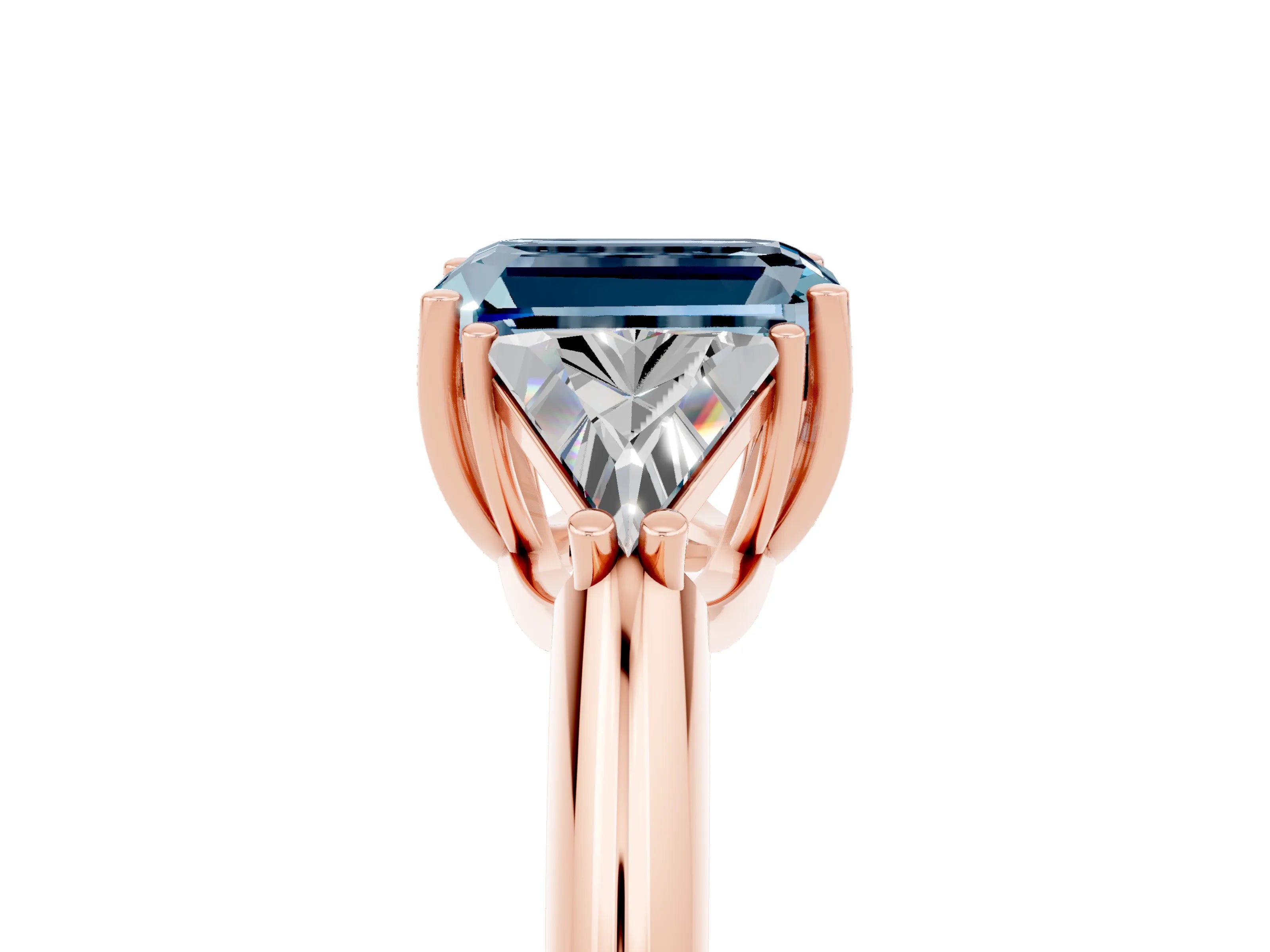 Rose gold Three-Stone Emerald Cut Cut Diamond Ring with Trillion Side Stones and Four-Prong Setting_5