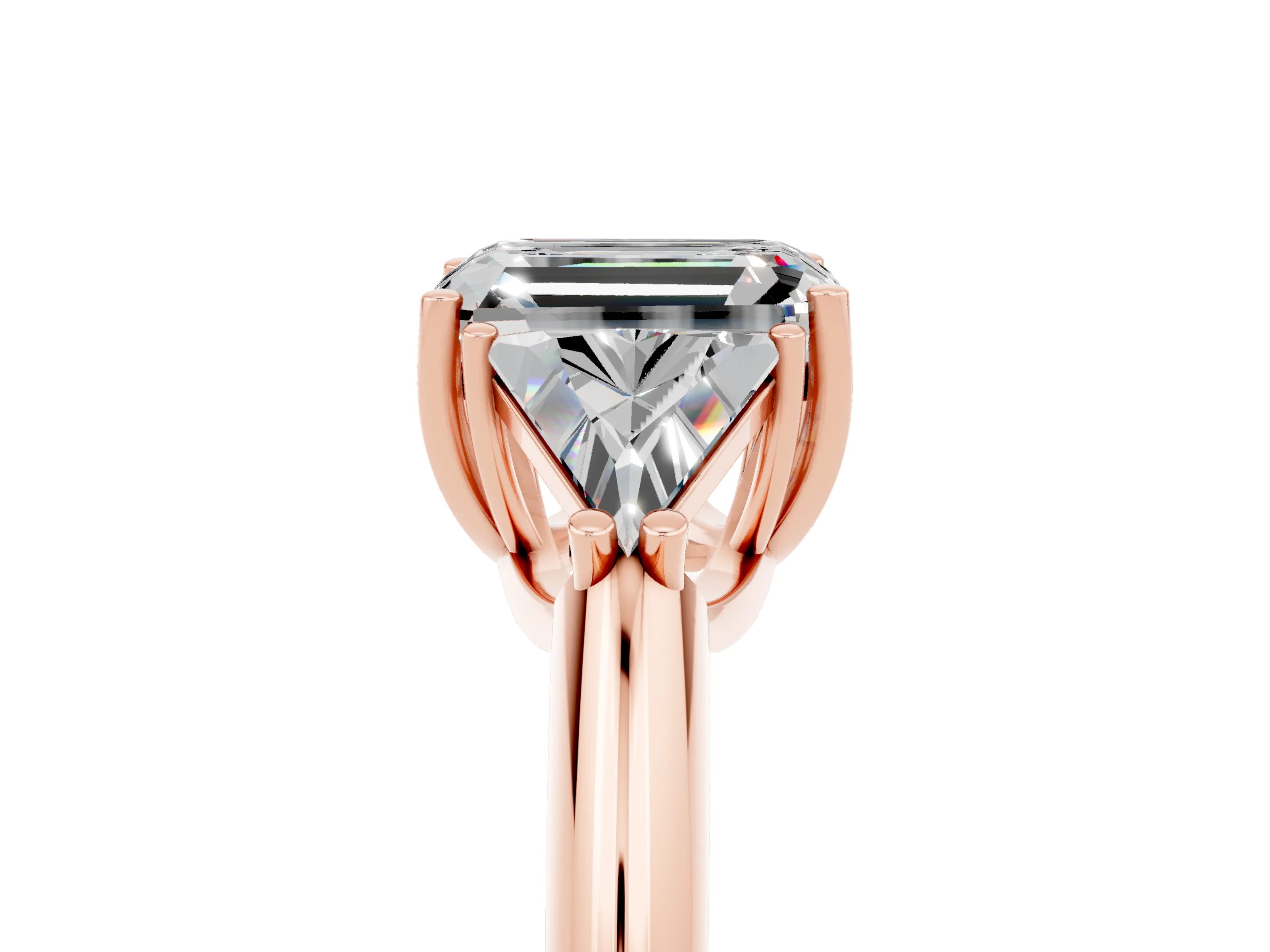 Rose gold Three-Stone Emerald Cut Cut Diamond Ring with Trillion Side Stones and Four-Prong Setting_5