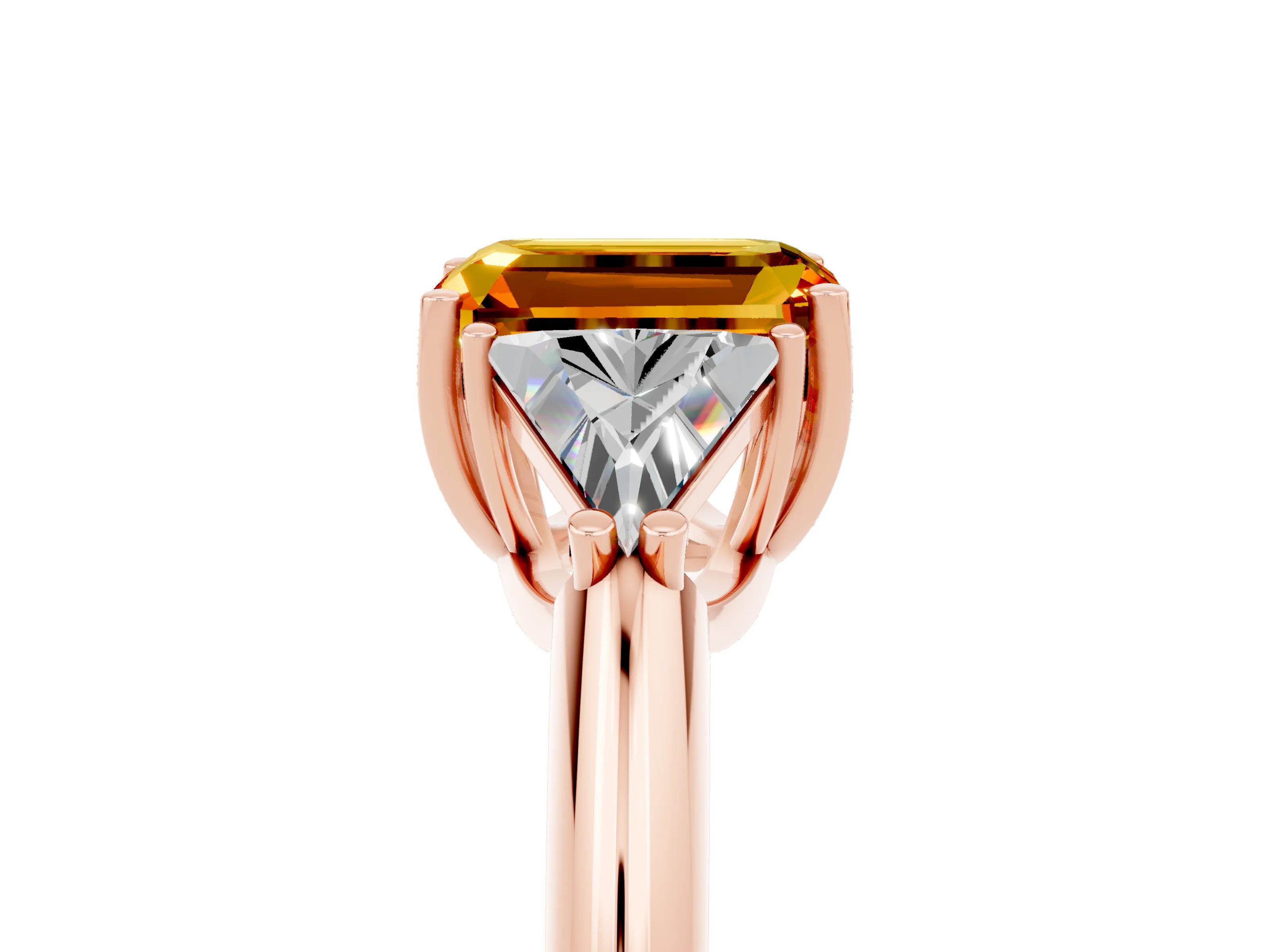Rose gold Three-Stone Emerald Cut Cut Diamond Ring with Trillion Side Stones and Four-Prong Setting_5