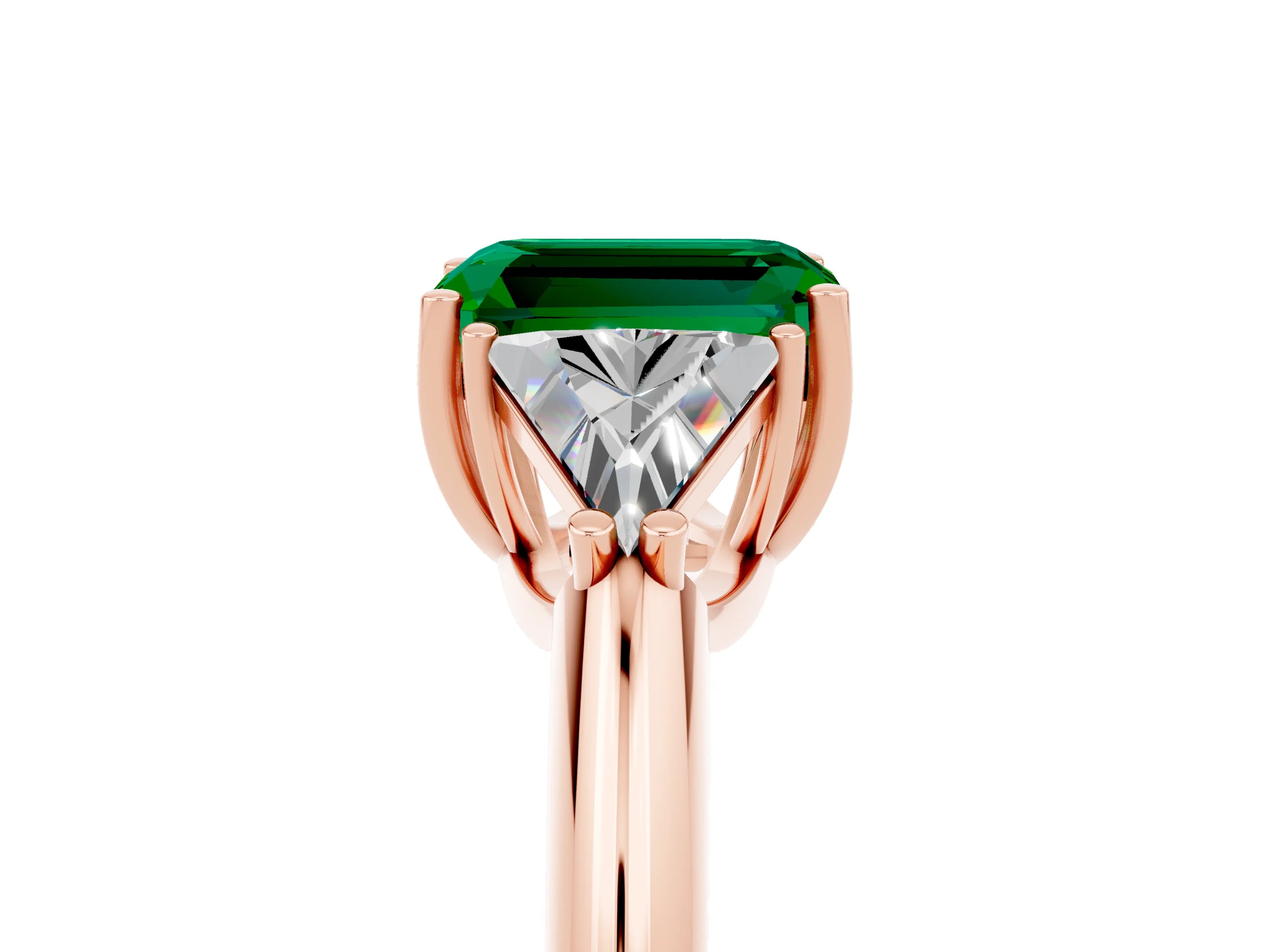 Rose gold Three-Stone Emerald Cut Cut Diamond Ring with Trillion Side Stones and Four-Prong Setting_5