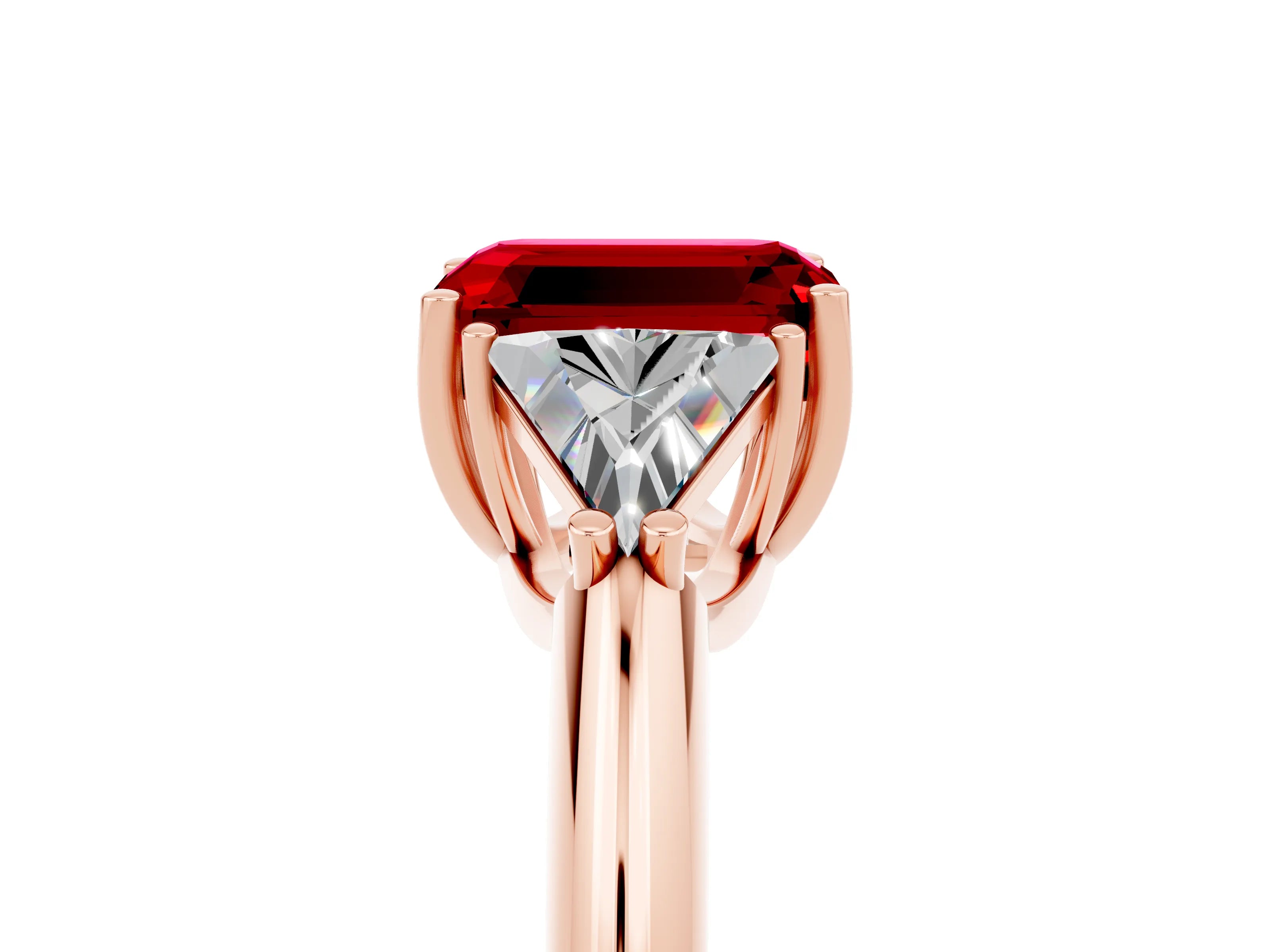 Rose gold Three-Stone Emerald Cut Cut Diamond Ring with Trillion Side Stones and Four-Prong Setting_5