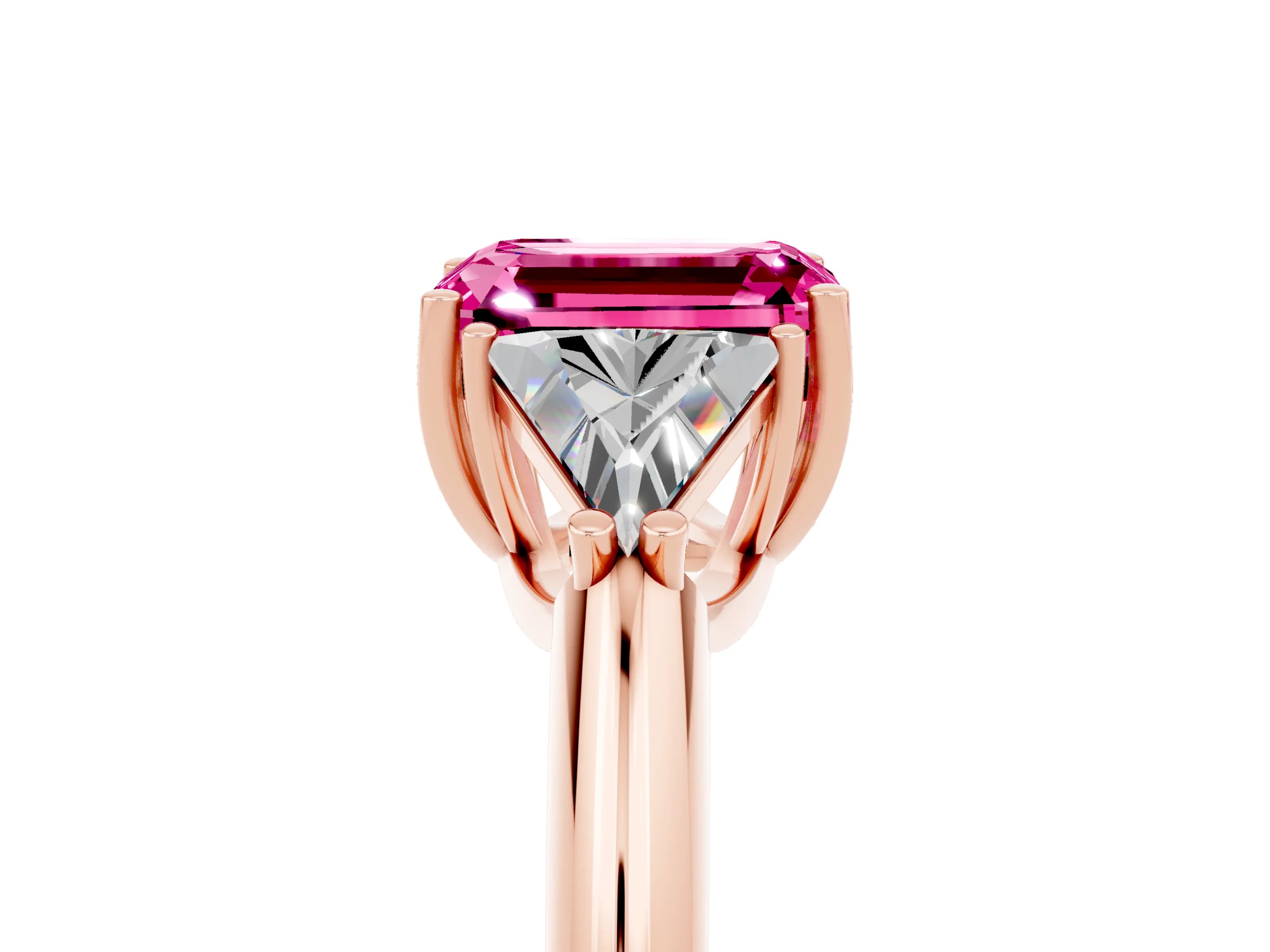 Rose gold Three-Stone Emerald Cut Cut Diamond Ring with Trillion Side Stones and Four-Prong Setting_5