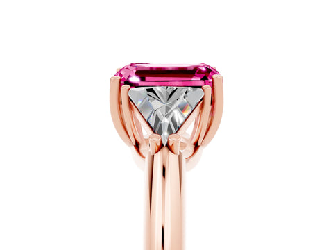 Rose gold Three-Stone Emerald Cut Cut Diamond Ring with Trillion Side Stones and Four-Prong Setting_5