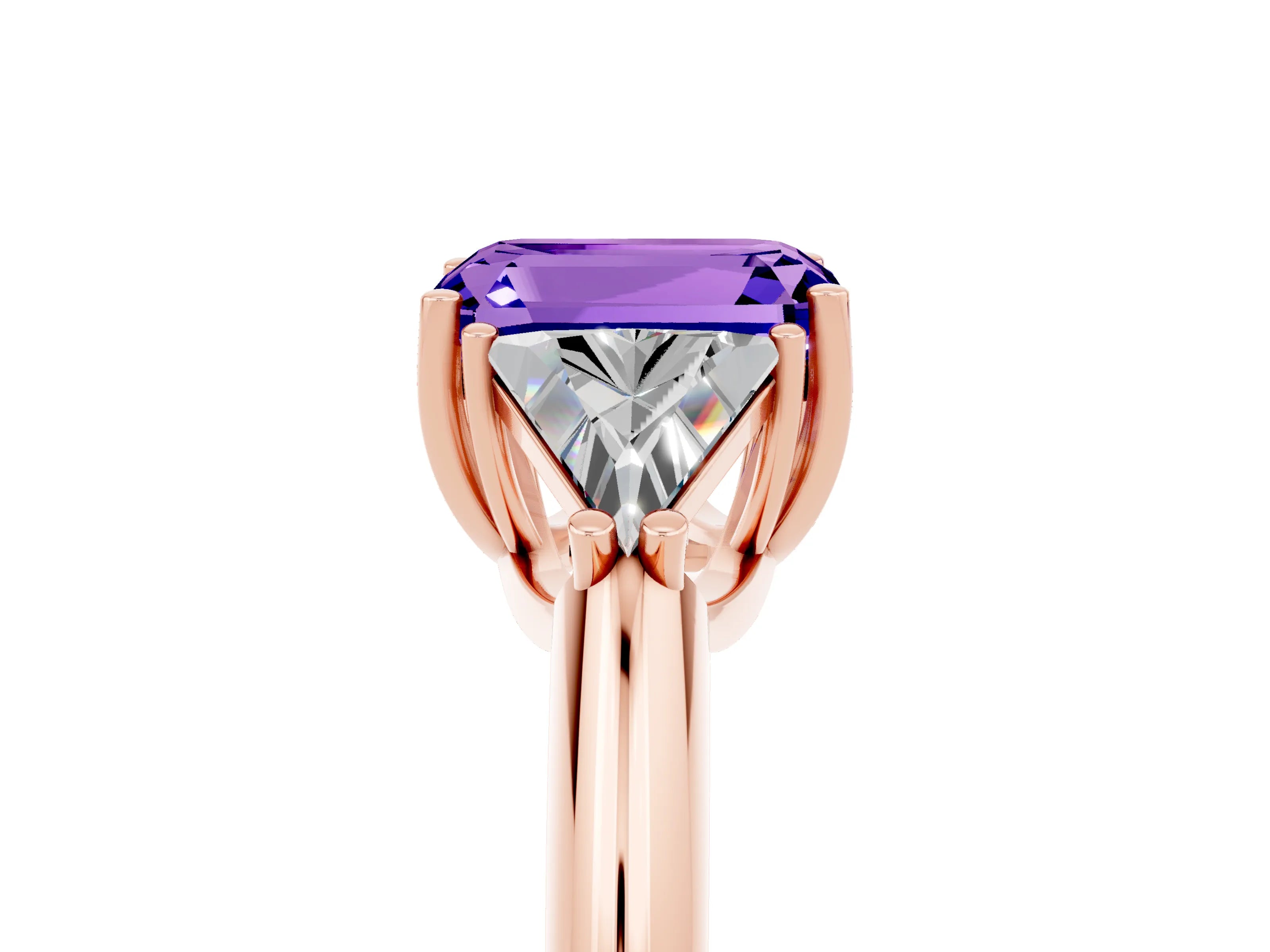 Rose gold Three-Stone Emerald Cut Cut Diamond Ring with Trillion Side Stones and Four-Prong Setting_5