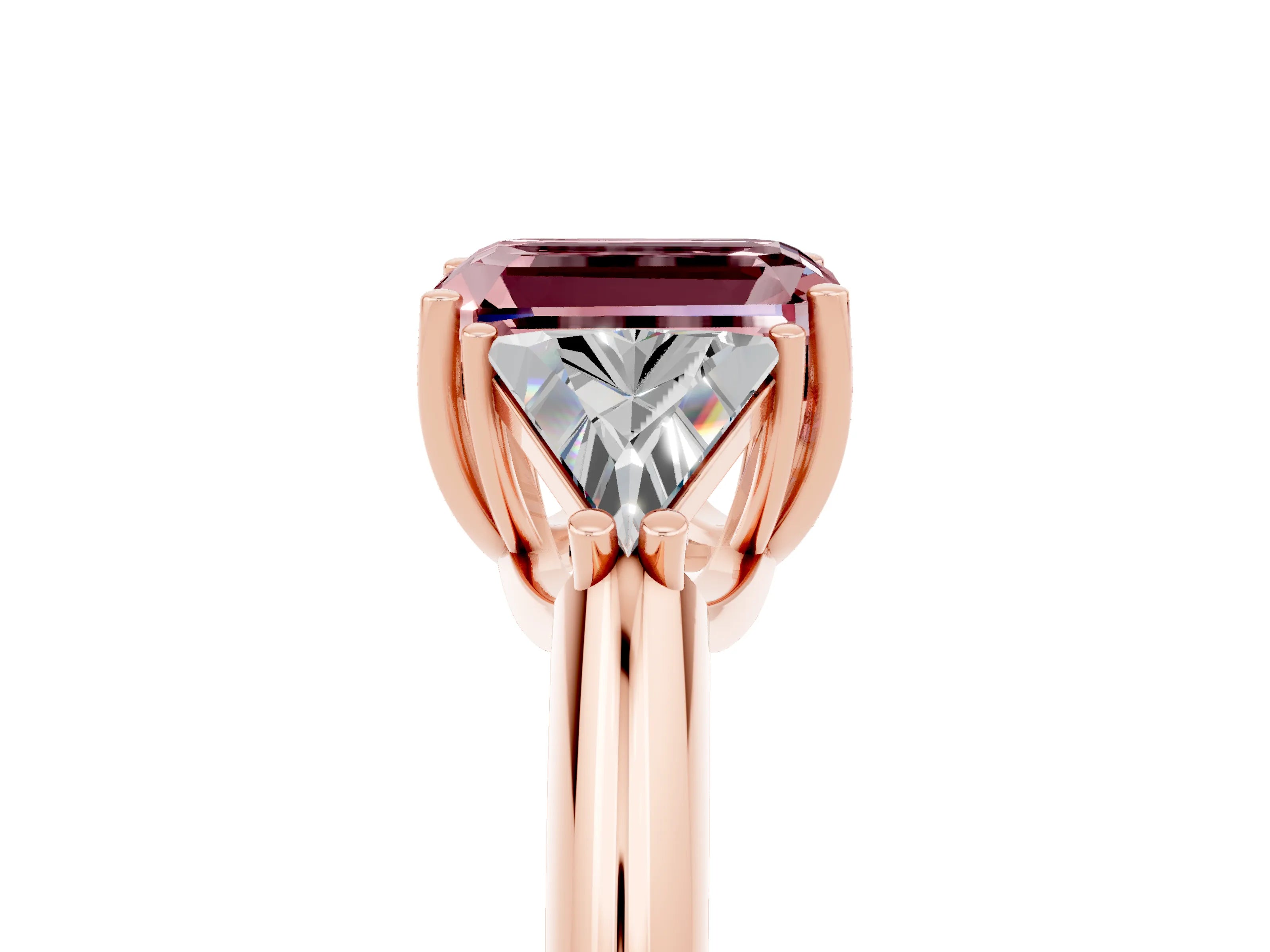 Rose gold Three-Stone Emerald Cut Cut Diamond Ring with Trillion Side Stones and Four-Prong Setting_5