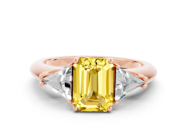 Rose gold Three-Stone Emerald Cut Yellow Sapphire Engagement Ring with Trillion Side Stones and Prong Setting
