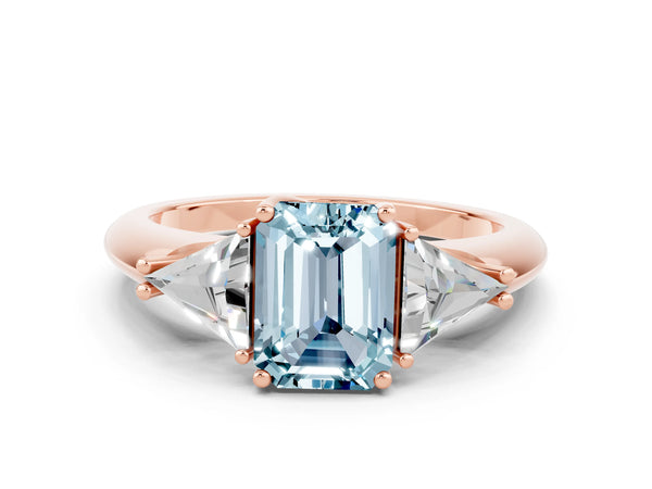 Rose gold Three-Stone Emerald Cut Aquamarine Engagement Ring with Trillion Side Stones and Prong Setting