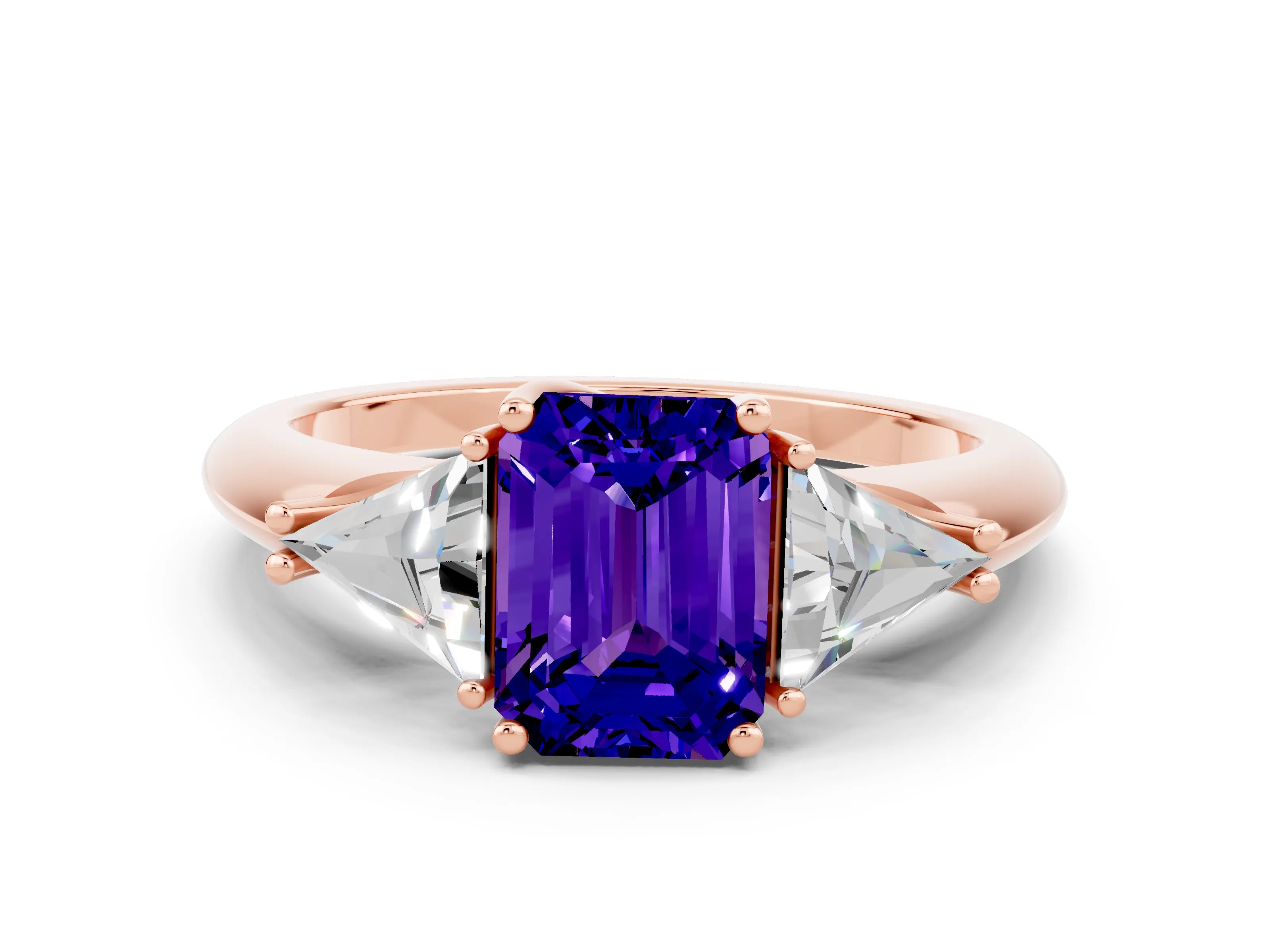 Rose gold Three-Stone Emerald Cut Cut Diamond Ring with Trillion Side Stones and Four-Prong Setting