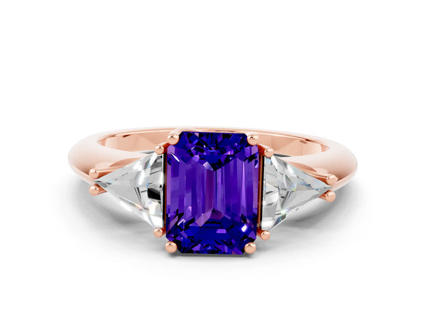 Rose gold Three-Stone Emerald Cut Tanzanite Engagement Ring with Trillion Side Stones and Prong Setting