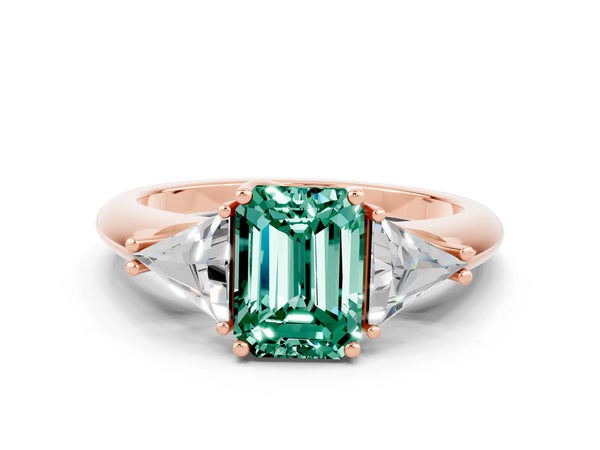 Rose gold Three-Stone Emerald Cut Green Sapphire Engagement Ring with Trillion Side Stones and Prong Setting