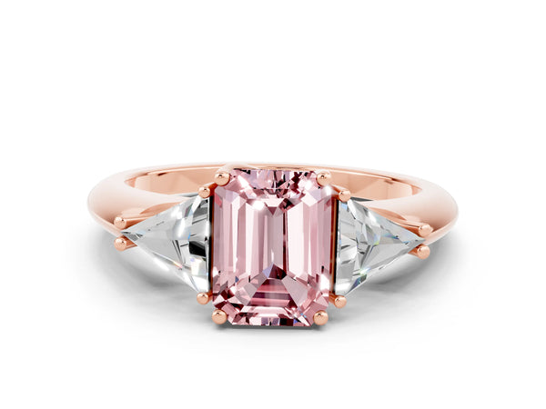 Rose gold Three-Stone Emerald Cut Cut Diamond Ring with Trillion Side Stones and Four-Prong Setting