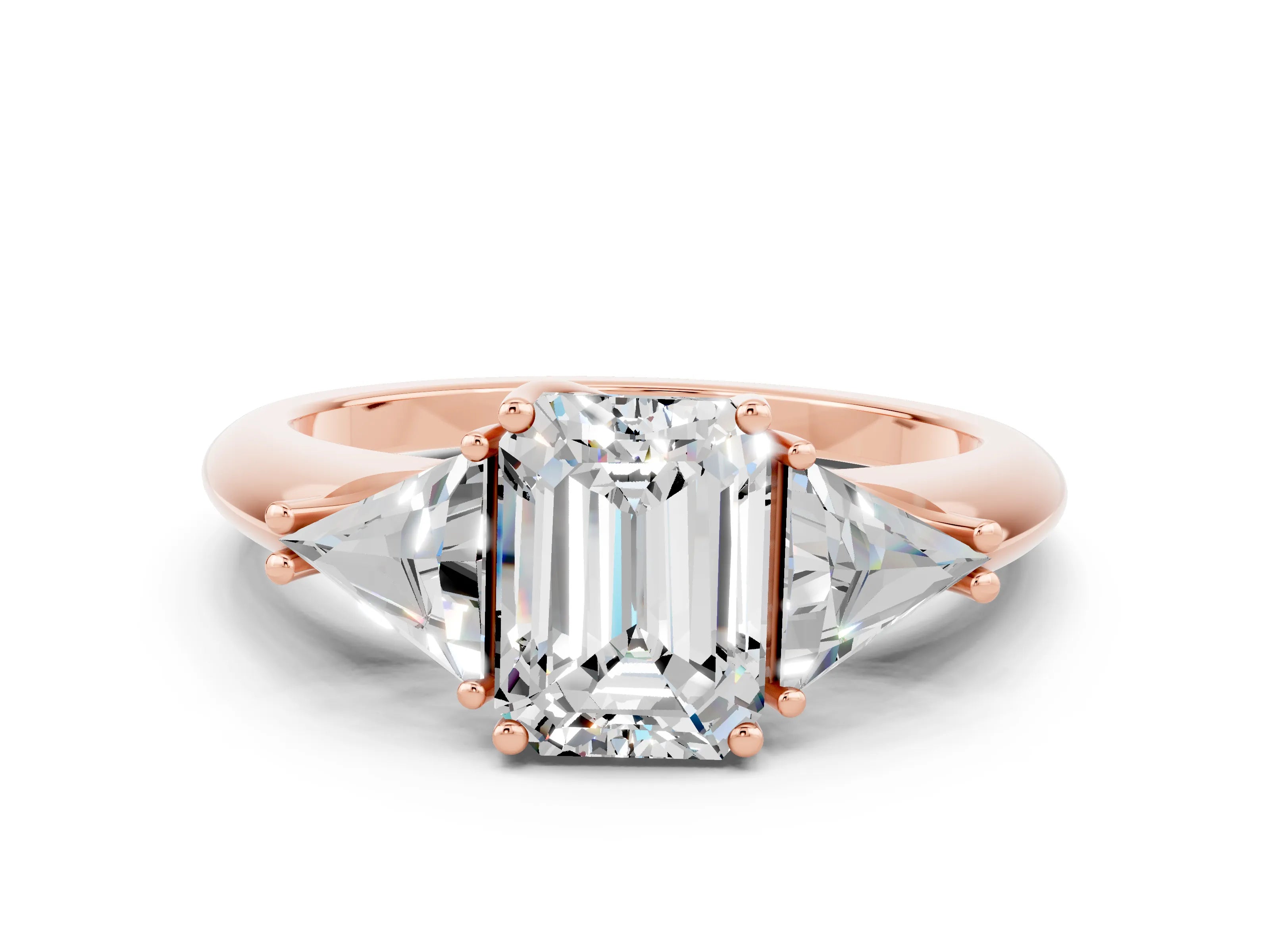 Rose gold Three-Stone Emerald Cut Cut Diamond Ring with Trillion Side Stones and Four-Prong Setting