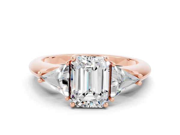 Rose gold Three-Stone Emerald Cut Moissanite Engagement Ring with Trillion Side Stones and Prong Setting