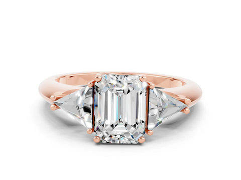 Rose gold Three-Stone Emerald Cut Cut Diamond Ring with Trillion Side Stones and Four-Prong Setting