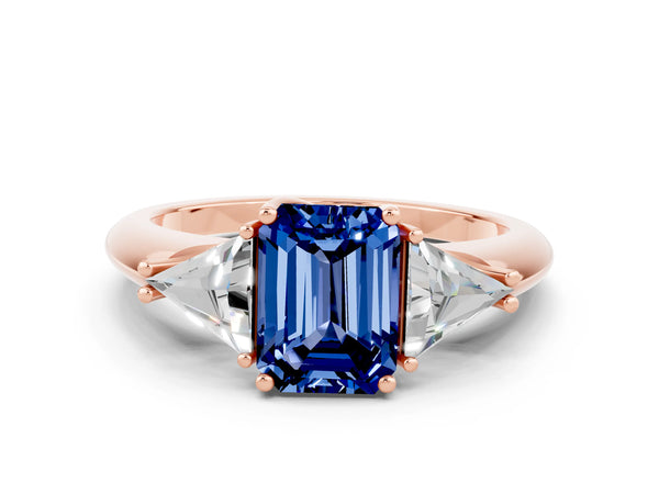 Rose gold Three-Stone Emerald Cut Blue Sapphire Engagement Ring with Trillion Side Stones and Prong Setting