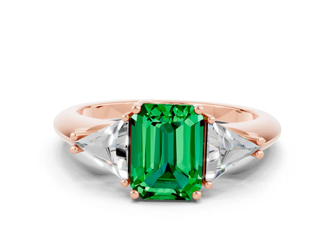 Rose gold Three-Stone Emerald Cut Cut Diamond Ring with Trillion Side Stones and Four-Prong Setting