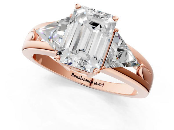 Rose Gold Emerald Cut Trillion Three Stone Engagement Ring Setting