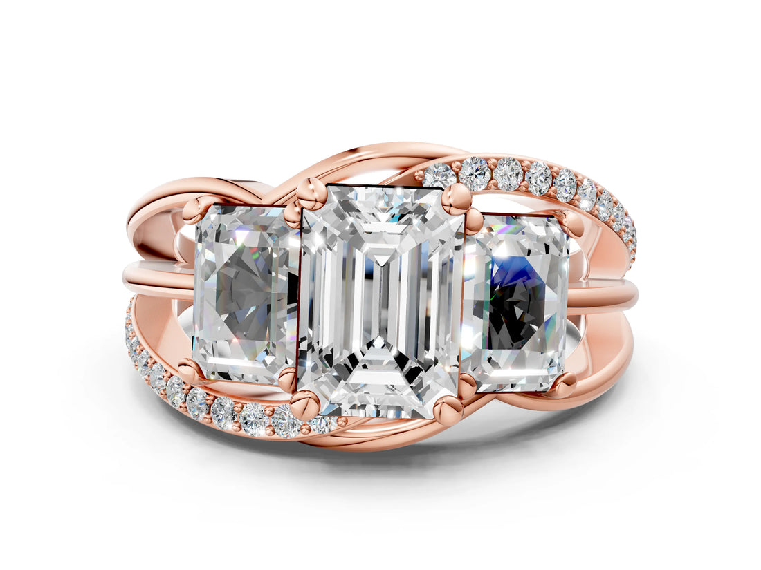 Rose gold Three-Stone Emerald Cut Cut Diamond Split Shank Prong Set Ring_15