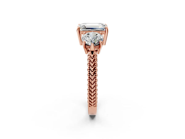 Rose Gold Emerald Cut Vintage Three Stone Engagement Ring Setting