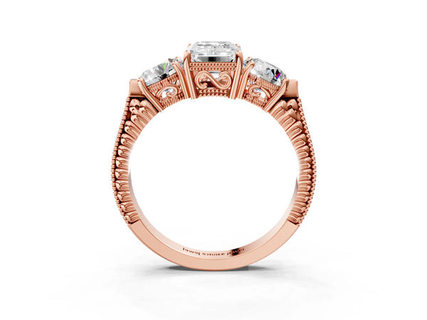 Rose Gold Emerald Cut Vintage Three Stone Engagement Ring Setting
