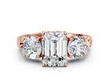 Rose gold Three-Stone Emerald Cut Cut Milgrain Band Prong Setting Ring_9