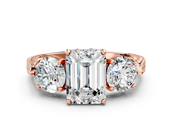 Rose Gold Emerald Cut Vintage Three Stone Engagement Ring Setting