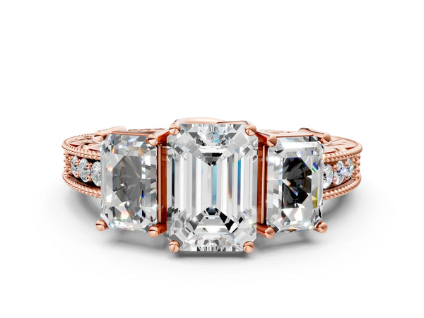 Rose gold Three-Stone Emerald Cut Cut Milgrain Pavé Engagement Ring