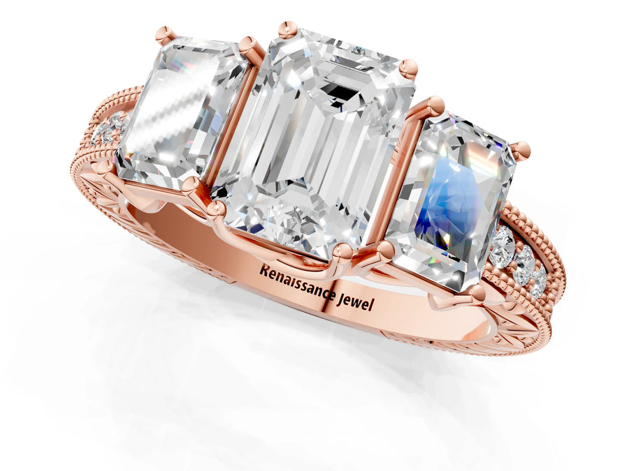 Rose gold Three-Stone Emerald Cut Cut Milgrain Pavé Engagement Ring