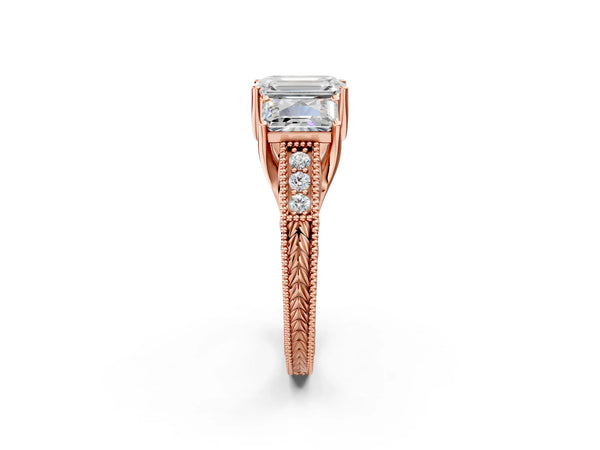 Rose gold Three-Stone Emerald Cut Cut Milgrain Pavé Engagement Ring