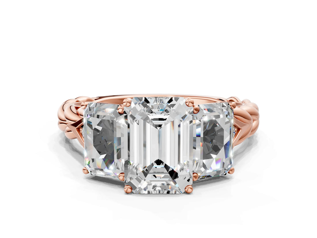 Rose gold Three-Stone Emerald Cut Diamond Braided Band Ring with Four-Prong Setting_89